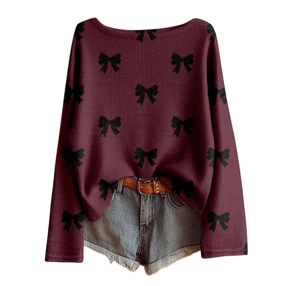 Likimi Womens Sweater Long Sleeve Bow Print Crew Neck Knit Sweaters For Women Loose Fit Elegant Knit Pullover Size Xl