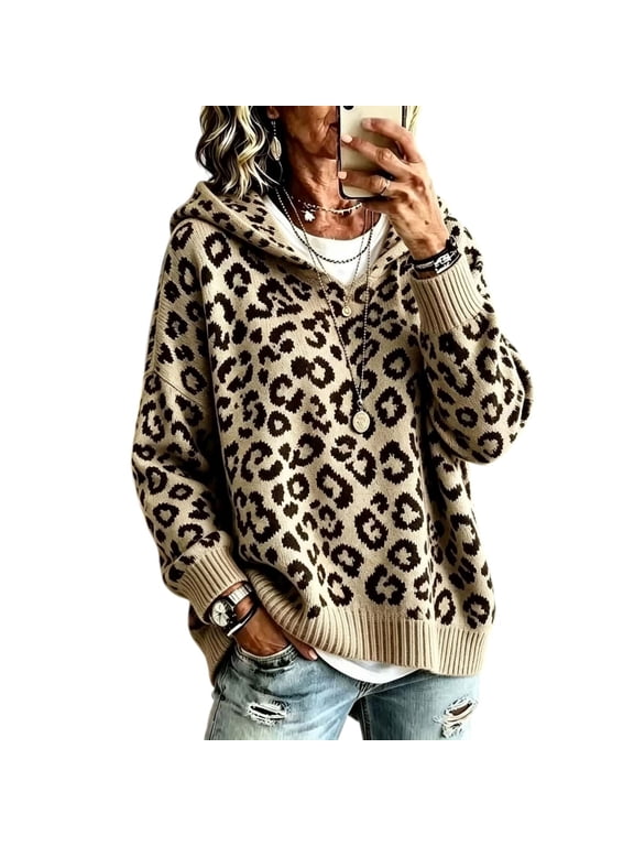 Womens Sweater Long Sleeve Leopard Print Hooded Sweater For Women Loose Fit Comfort Knit Tops Size M