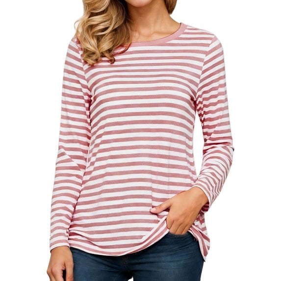 Likimi Womens T-Shirt Crew Neck Striped Print Long Sleeve T Shirts For Women Autumn Winter Soft Tops Pink Size S