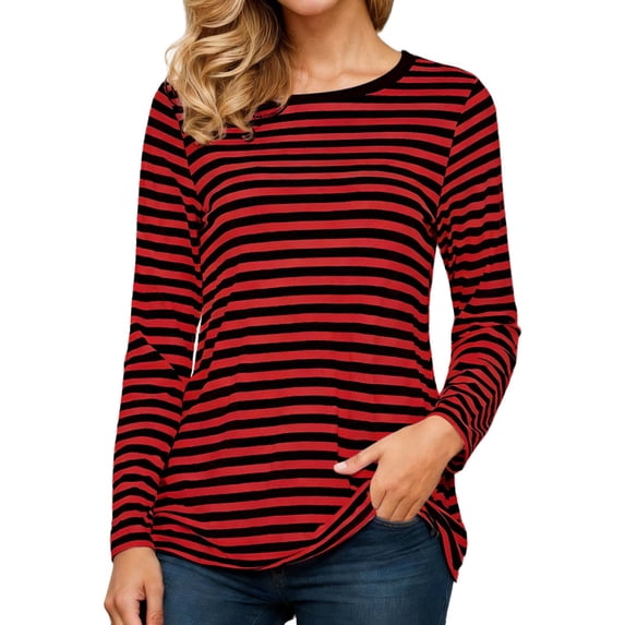 Likimi Womens T-Shirt Crew Neck Striped Print Long Sleeve T Shirts For Women Autumn Winter Soft Tops Red2 Size Xl