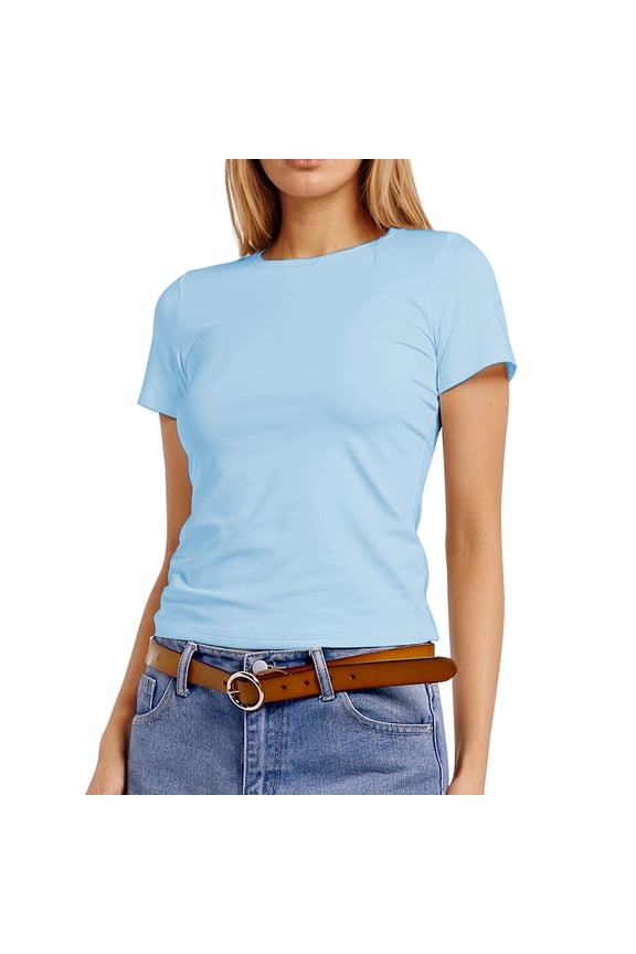 Womens T Shirt Short Sleeve Crew Neck Solid Color Slim Fit Basic Comfortnable Tee Light Blue Size L