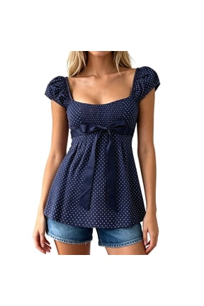 Womens T Shirt Square Neck Puff Sleeve Polka Dot Print Relaxed Fit Summer Elegant Tee Navy Size L