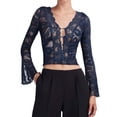 thumbnail image 1 of Likimi Womens T-Shirt V Neck Solid Color Lace Long Sleeve T Shirts For Women Slim Fit Soft Tops Blue Size L, 1 of 9