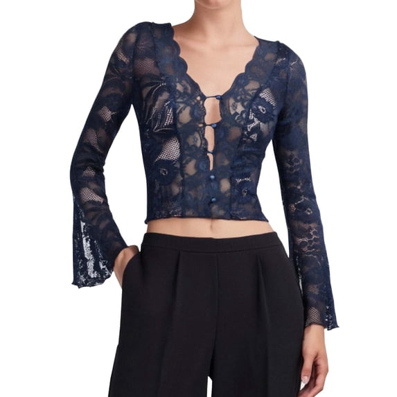 Likimi Womens T-Shirt V Neck Solid Color Lace Long Sleeve T Shirts For Women Slim Fit Soft Tops Blue Size L
