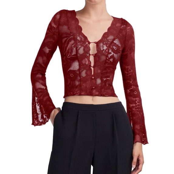 Likimi Womens T-Shirt V Neck Solid Color Lace Long Sleeve T Shirts For Women Slim Fit Soft Tops Red Size L