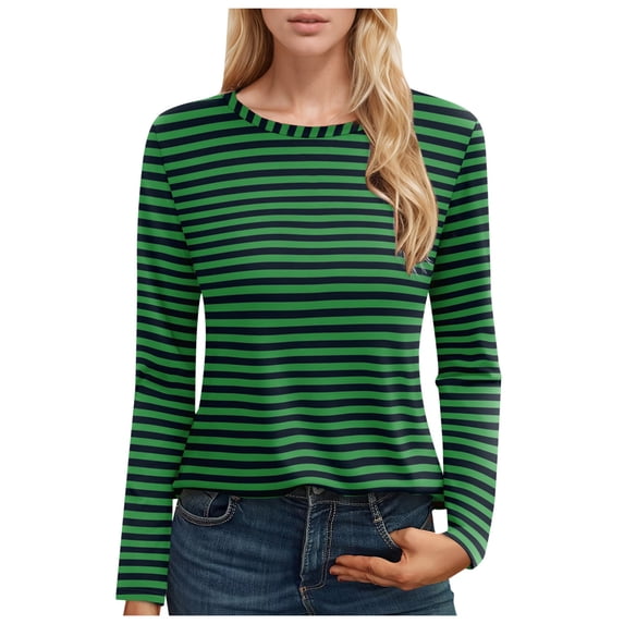 Likimi Womens T Shirts Long Sleeve Striped Print Crew Neck Fashion Comfortable Tops Green Size L