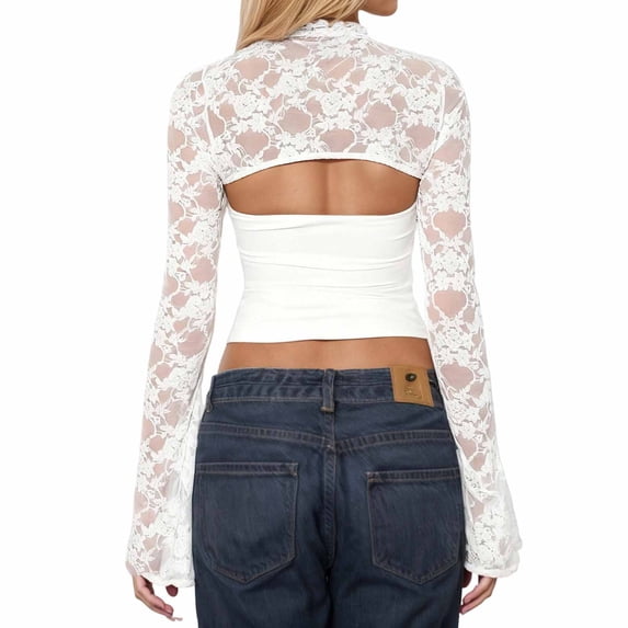 Likimi Womens T-Shirts With Lace Crew Neck Solid Color Long Sleeve T Shirts For Women Slim Fit Comfortable Tops White Size L