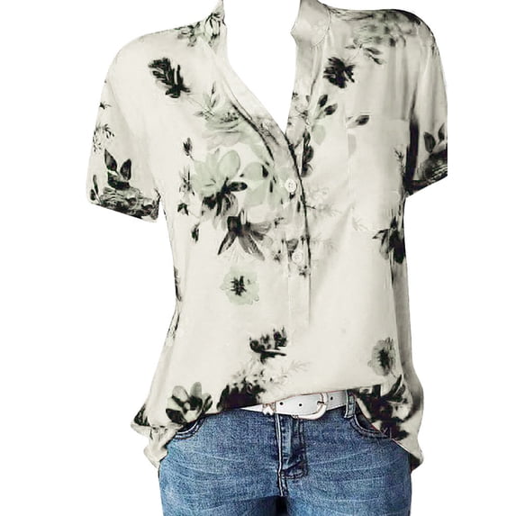 Likimi Womens Tops Short Sleeve Printing V Neck Button Down Breathable Comfort T Shirts Beige Size M