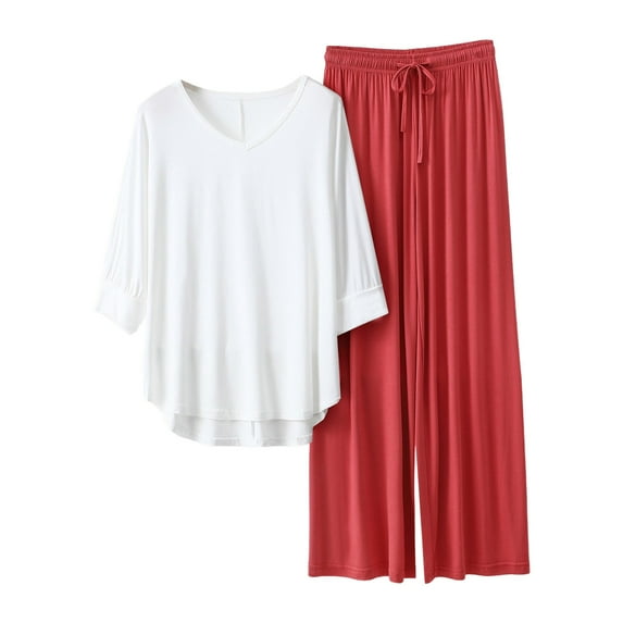 Likimi Womens Two Piece Set Sets Solid Color 3/4 Sleeve V Neck Tops Elastic Waist Wide Leg Pants Summer Comfortable Outfit Set Brick Red Size L