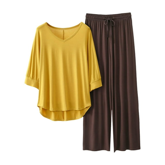 Likimi Womens Two Piece Set Sets Solid Color 3/4 Sleeve V Neck Tops Elastic Waist Wide Leg Pants Summer Fashionable Outfit Set Yellow Size Xl