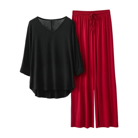 Likimi Womens Two Piece Set Sets Solid Color 3/4 Sleeve V Neck Tops Elastic Waist Wide Leg Pants Summer Soft Breathable Outfit Set Black Size Xl