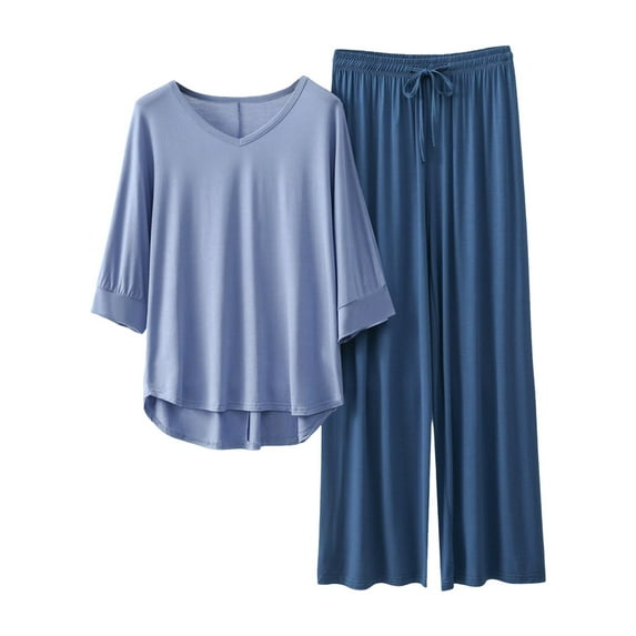 Likimi Womens Two Piece Set Sets Solid Color 3/4 Sleeve V Neck Tops Elastic Waist Wide Leg Pants Summer Soft Breathable Outfit Set Light Blue Size Xl