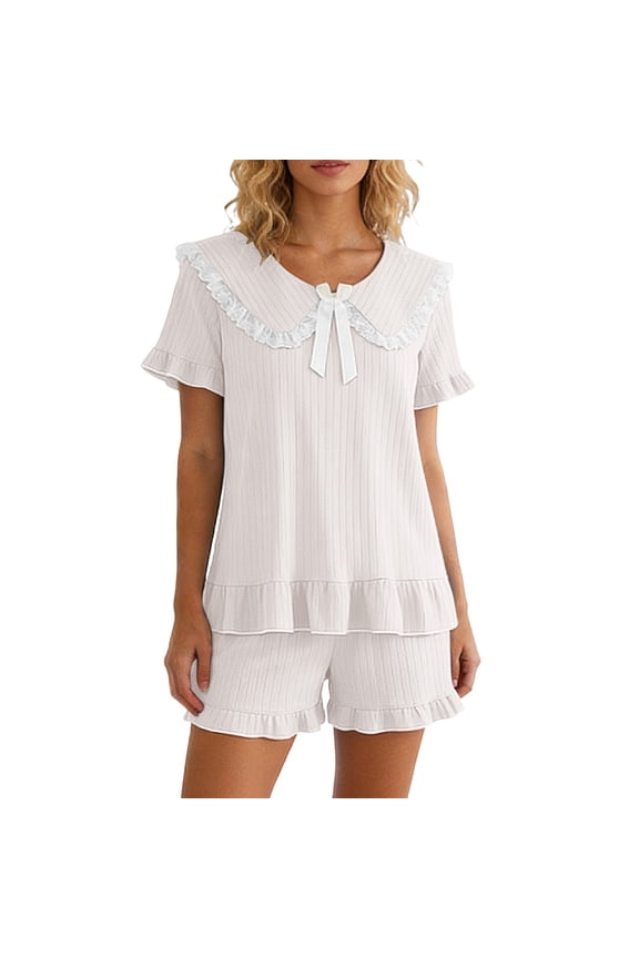 Womens Two Piece Set Solid Color Summer Ruffles Trimmed Short Sleeve Crew Neck Tops With Shorts Fashion Casual Outfit Set White Size M