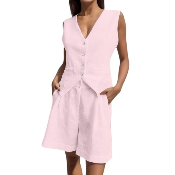 Likimi Womens Two Piece Set Solid Color V Neck Summer Sleeveless Button Down Vest With Shorts Comfortable Soft Outfit Set Pink Size S