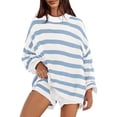 thumbnail image 1 of Likimi Womens Two Piece Set Striped Print Long Sleeve Crew Neck Sweater Top With Shorts Comfortable Outfit Set Blue Size S, 1 of 7