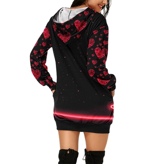 Likimi Womens Valentine'S Day Dress Hearts Prints Long Sleeves Crew Neck Hoodies Fashion Casual Sweatshirts Dress With Pocket Red Size 2Xl