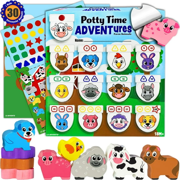 Potty Time Adventures Toddler Potty Training Chart by Lil ADVENTS - 14 Wood Blocks / Stacking Block Toys - Potty Training Advent Game - Behavior Reward Chart, Stickers & Activity Board - Farm Animals