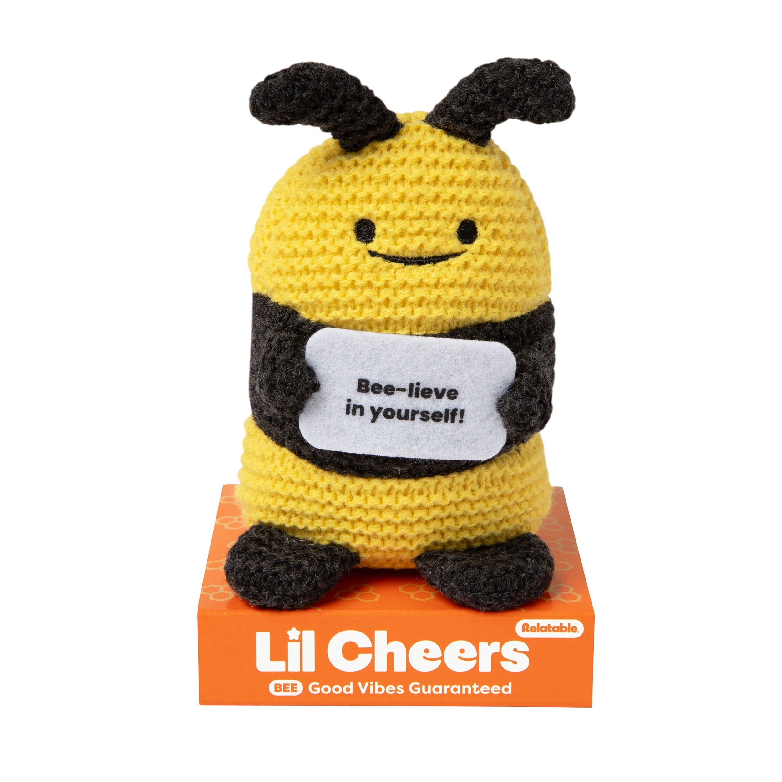 Lil Cheers Bee by What Do You Meme? Easter Gifts for Kids, Crochet Plush with Motivational Sign, Classroom & Office Desk Accessories