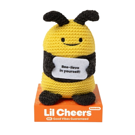 Lil Cheers Bee by What Do You Meme? Easter Gifts for Kids, Crochet Plush with Motivational Sign, Classroom & Office Desk Accessories