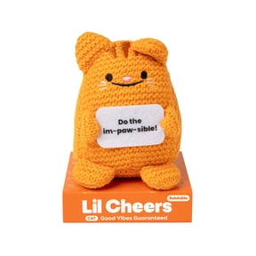 Lil Cheers Cat by What Do You Meme? Easter Gifts for Kids, Crochet Plush with Motivational Sign, Classroom & Office Desk Accessories