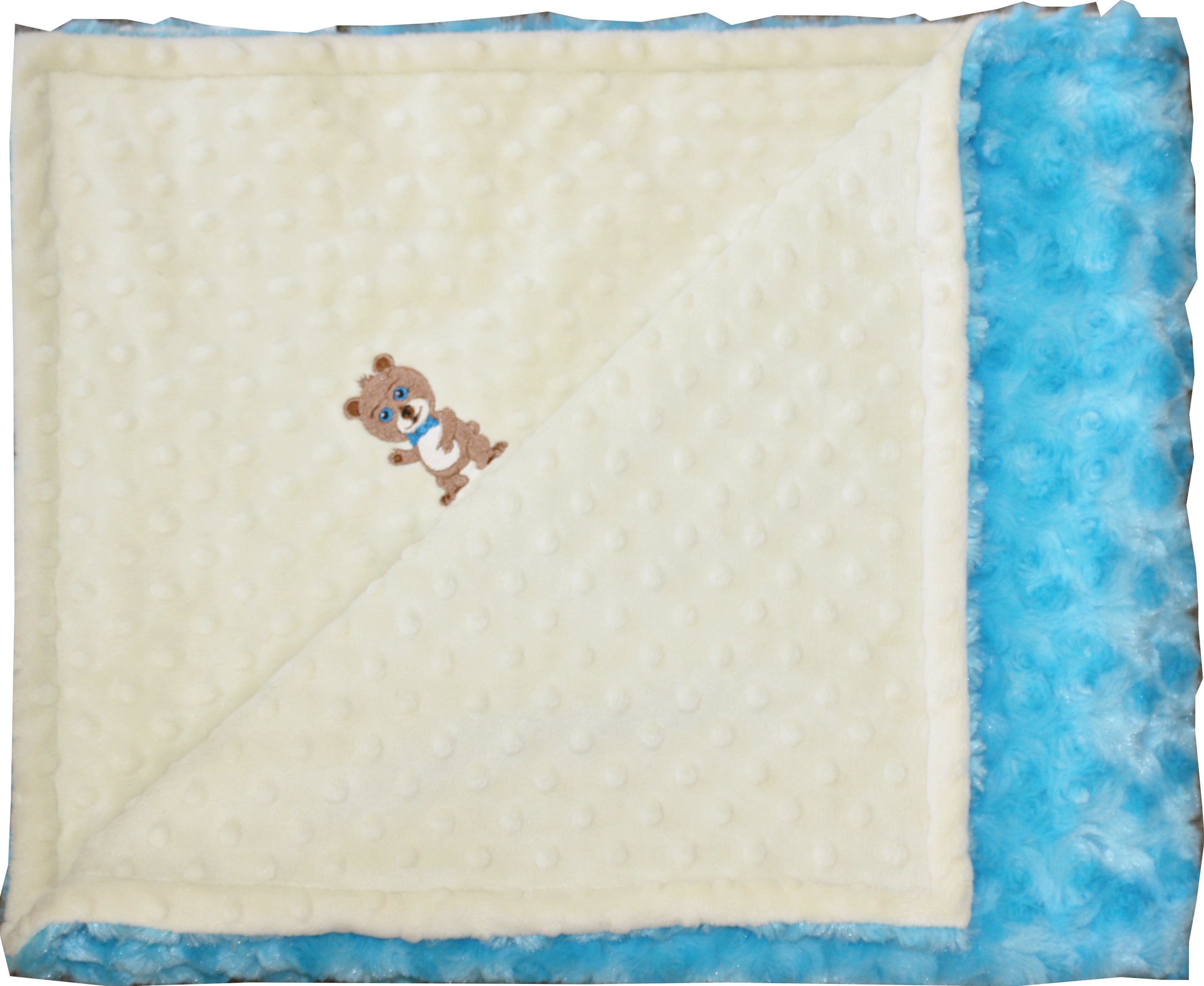 Lil' Cub Hub Yellow Dot with Turquoise Minky Rosebud, Embroidered Boy Bear Stroller Blanket