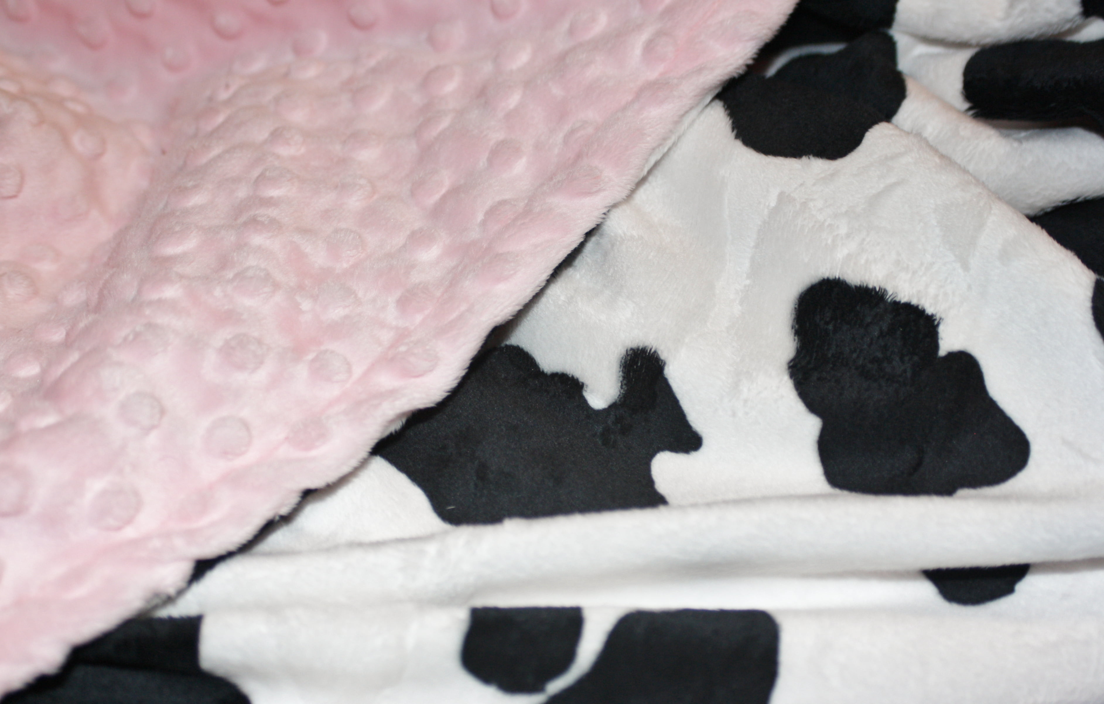 Lil' Cub Hub Black and White Cow Print Minky Baby Stroller Blanket with Baby Pink Minky Dot