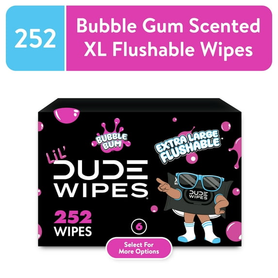 LiL' DUDE Wipes, Extra Large Bubble Bum Flushable Wet Wipes for Kids, Bubble Gum Scent, 252 Count, 6 Pack (Select for More Options)