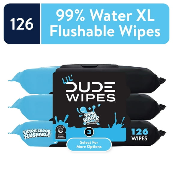 LiL' DUDE Wipes, Extra Large 99% Water Fragrance Free Flushable Wet Wipes for Kids, 126 Count, 3 Pack (Select for More Options)