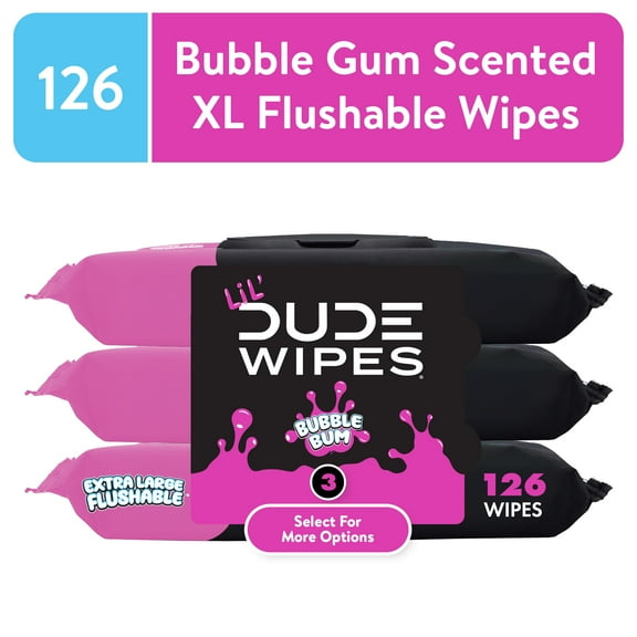 LiL' DUDE Wipes, Extra Large Bubble Bum Flushable Wet Wipes for Kids, Bubble Gum Scent, 126 Count, 3 Pack (Select for More Options)