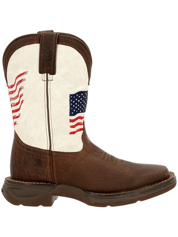 Lil' Durango Little Kids Distressed Flag Western Boot, Bay Brown And White, Size 9(M)