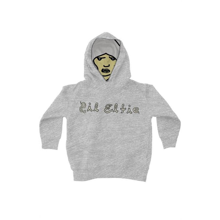 Lil Elfie Logo with Elf in Hoodie on Ash Grey Kids Fleece Pullover