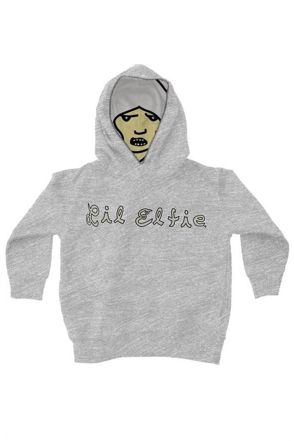 Lil Elfie Logo with Elf in Hoodie on Ash Grey Kids Fleece Pullover Hoodie