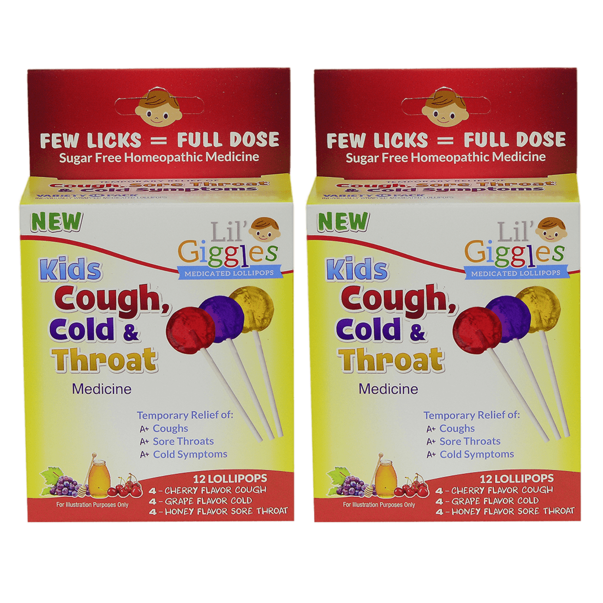 Lil' Giggles Kid's Cough, Cold & Throat Medicated Lollipops Variety Pack - for Childrens Persistent Cough, Cold and Sore Throat. Homeopathic Remedy. The Medicine Kids Will Love to take. 12 CT