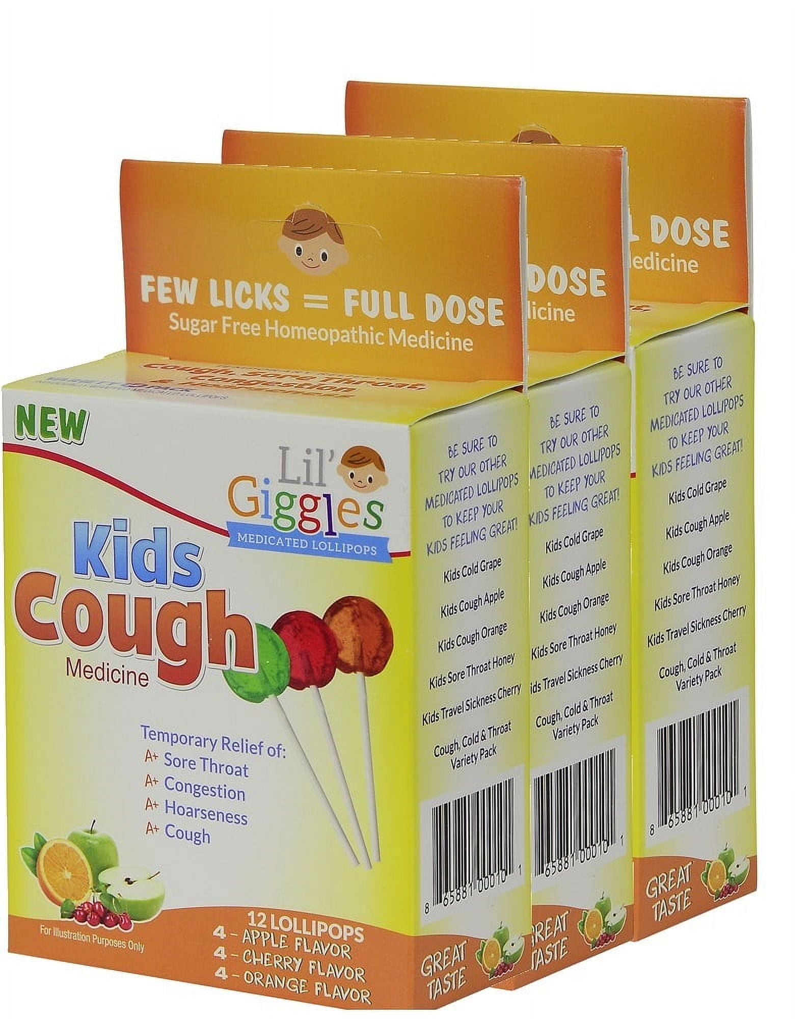 Lil' Giggles Kid's Medicated Lollipops for Cough- 3 Pack  For Childrens Persistent and Chesty Coughs. Homeopathic Remedy. The Medicine Kids will LOVE to take.