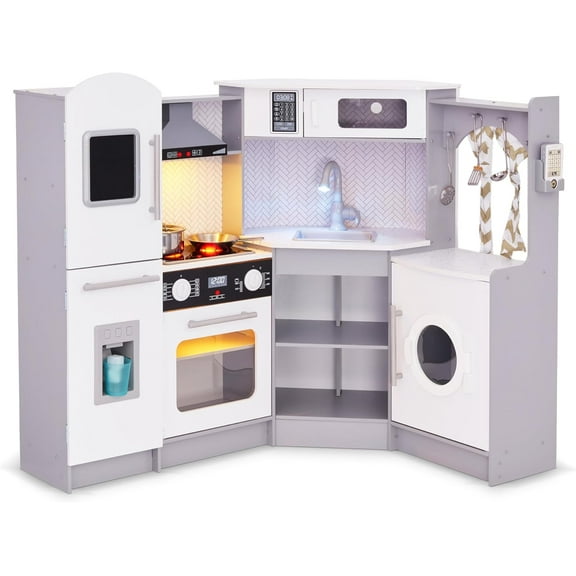 Lil' Jumbl Corner Kids Kitchen Playset, Pretend Kids Wooden Kitchen with Stovetop, Faucet & More - Gray