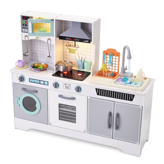 Lil' Jumbl Kids Kitchen Playset, Pretend Kids Wooden Kitchen with Washer/Dryer, Sink & More - Grey
