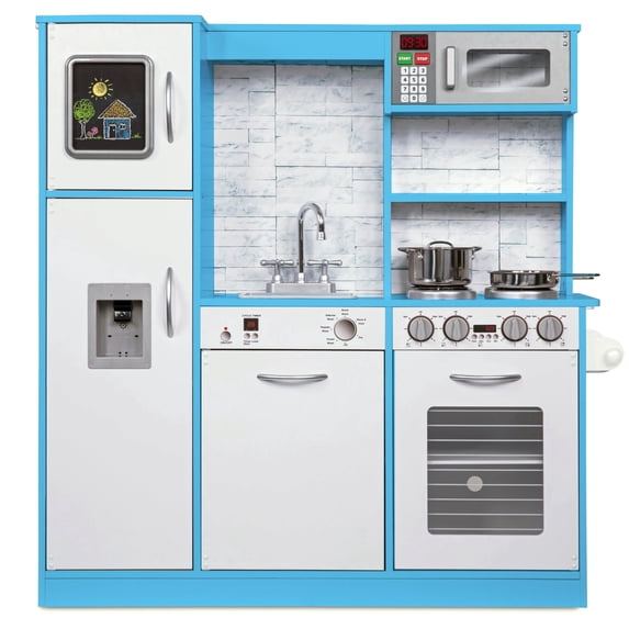 Lil' Jumbl Kids Kitchen Set, Wooden Pretend Play Kitchen with Icemaker, Microwave & More - Blue