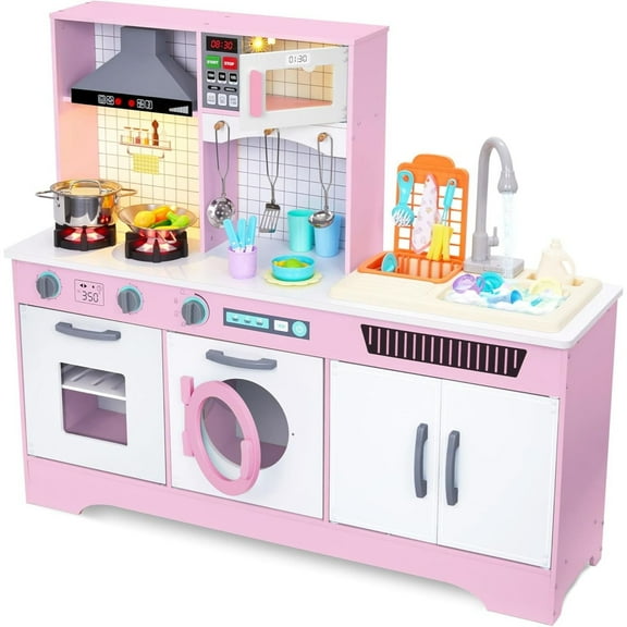 Lil' Jumbl Kids Kitchen Set, Wooden Pretend Play Kitchen with Sounds, Accessories and Running Water