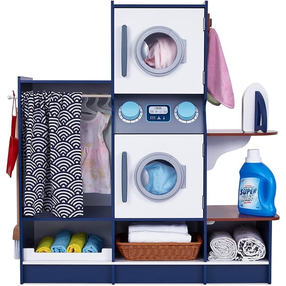 Lil' Jumbl Kids Washer and Dryer Playset, Wooden Laundry Play Set for Kids w/Iron, Hangers & More - Black