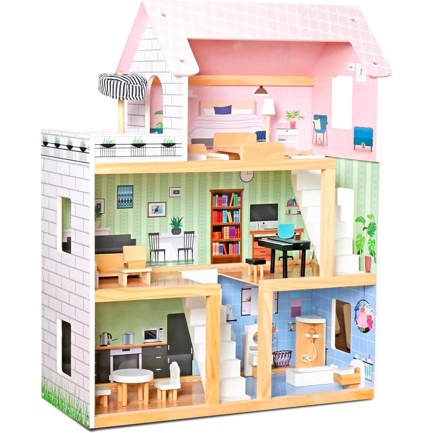 Lil' Jumbl Kids Wooden Dollhouse, 3-Story Small Doll House
