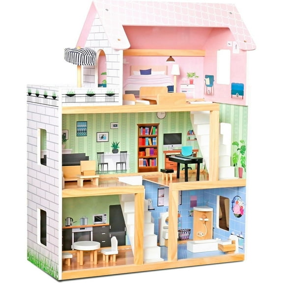 Lil' Jumbl Kids Wooden Dollhouse, 3-Story Small Doll House