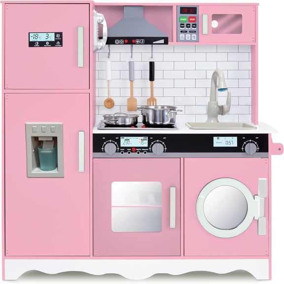 Lil' Jumbl Kids Kitchen Set, Wooden Pretend Play with Icemaker and Microwave - Pink