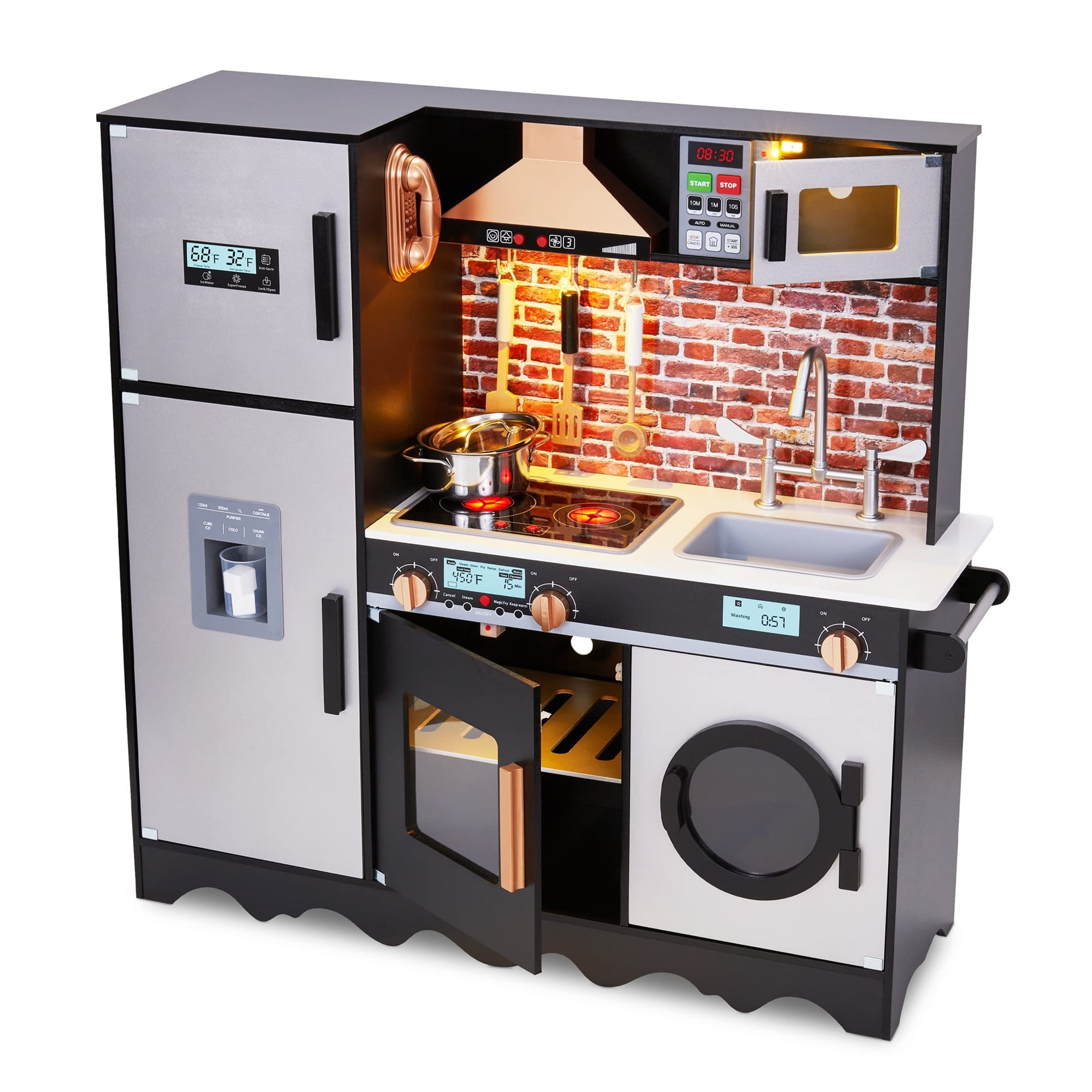 Lil' Jumbl Large Kids Kitchen Set, Wooden Pretend Play Kitchen with Icemaker, Microwave & More - Charcoal