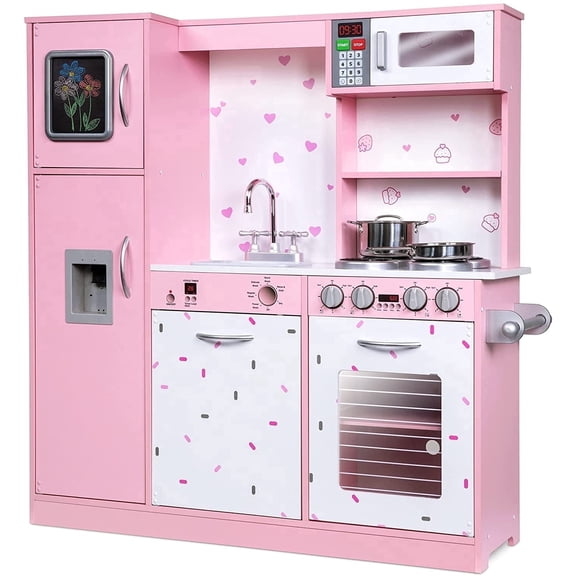 Lil' Jumbl Pretend Play Kitchen Set Wooden with Sounds and Accessories Pink Sprinkles