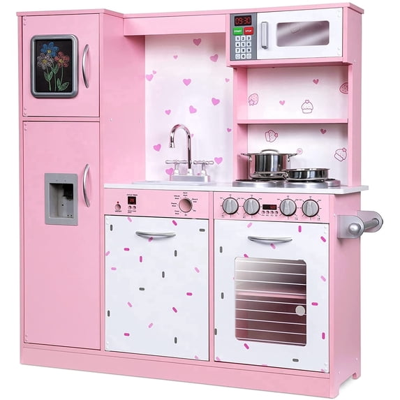 Lil' Jumbl Pretend Play Kitchen Set Wooden with Sounds and Accessories Pink Sprinkles
