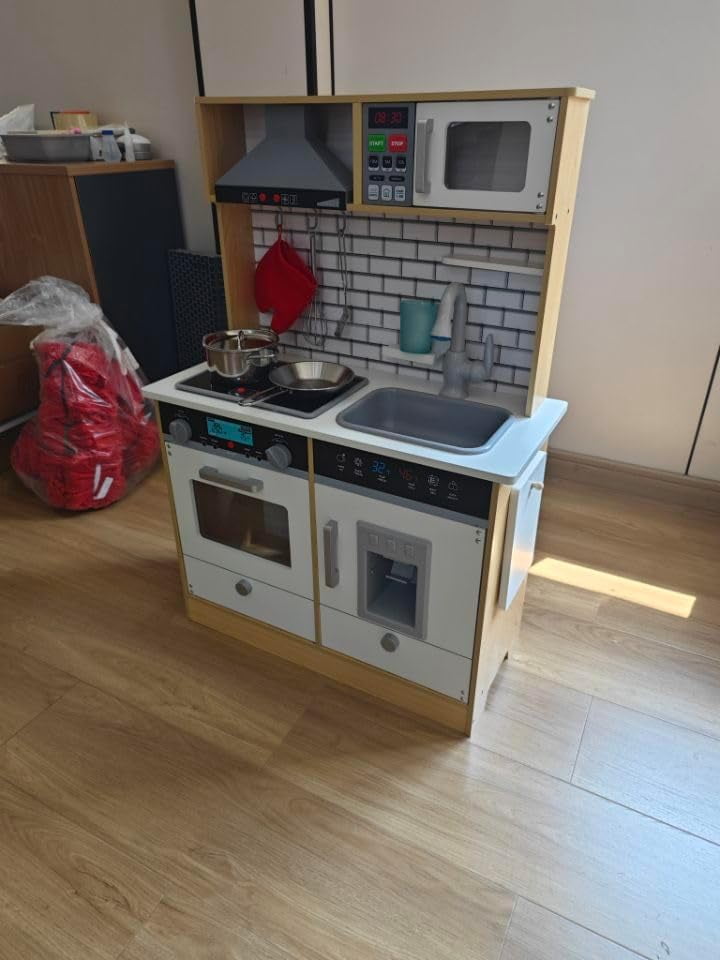 Small Kmart Childrens Kitchen Lil' Jumbl Small Kids Kitchen Playset,  Pretend Kids Wooden Kitchen With Stovetop, Oven More Natural