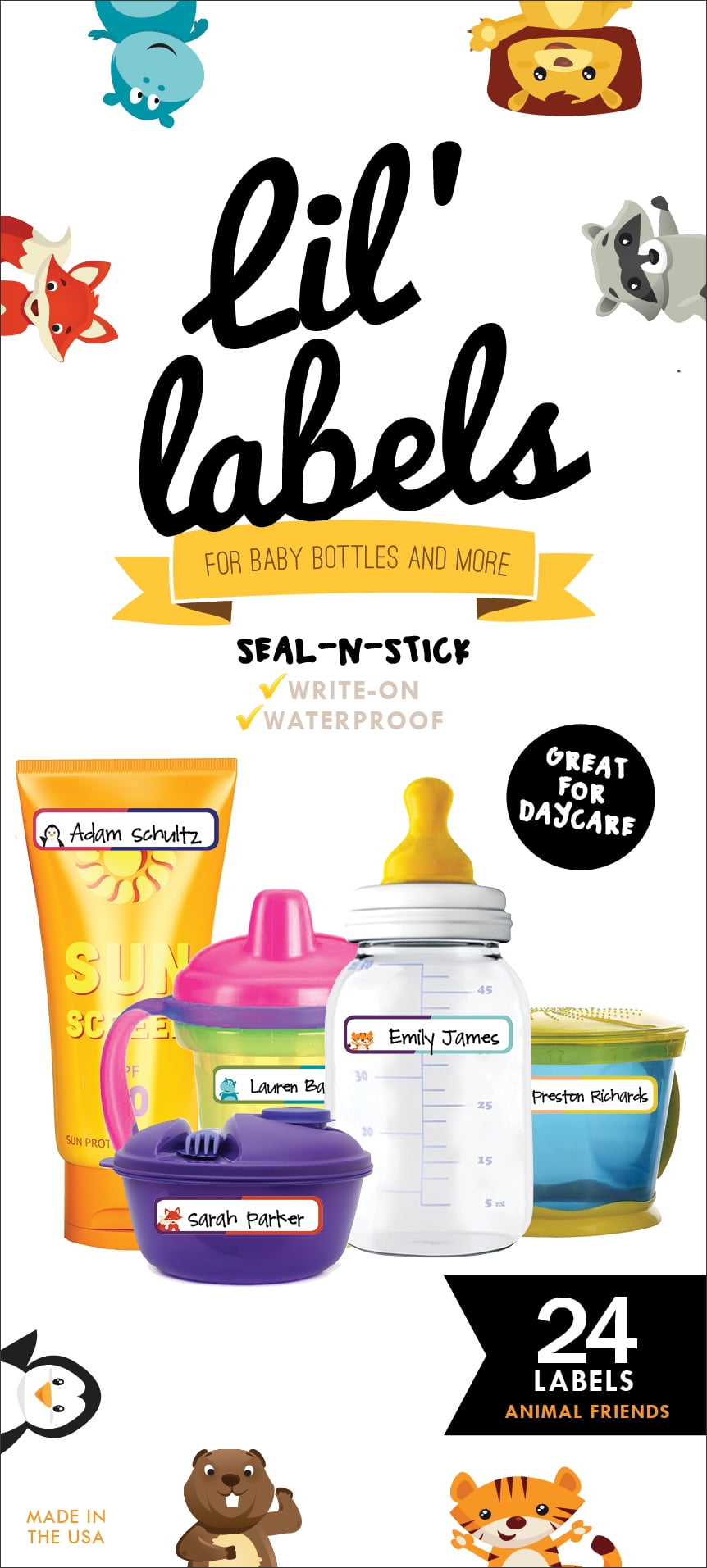 Lil' Labels Waterproof Seal-n-Stick Baby Bottle Labels for Daycare, Animal  Friends 