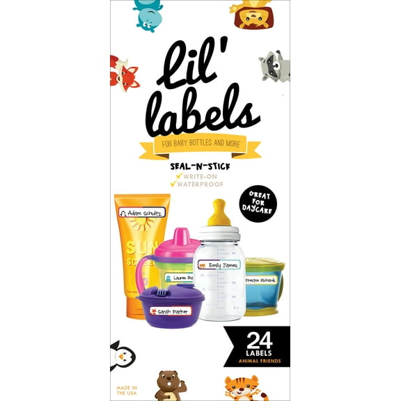 Lil' Labels Waterproof Seal-n-Stick Baby Bottle Labels for Daycare, Animal Friends