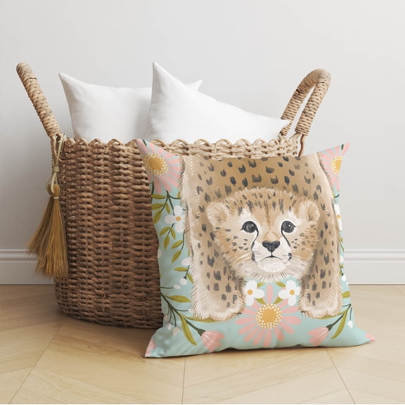 Lil Lying Leopard Flowers Blue Throw Pillow