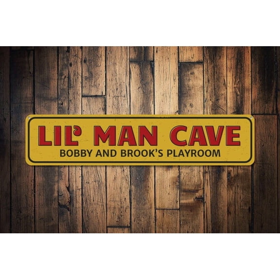 Lil' Man Cave Sign Little Children Names Sign Custom Kid Playroom Sign Metal Jr Man Cave Decor - Man Caves - Size: 16 x 4 Inches